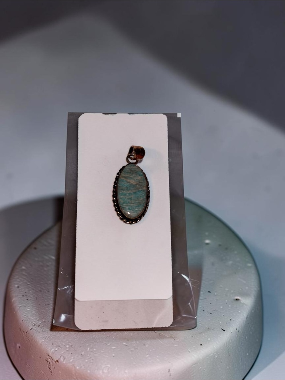 Blue Green Natural Stone Oval Pendant Silver Tone Boho Amazonite Style